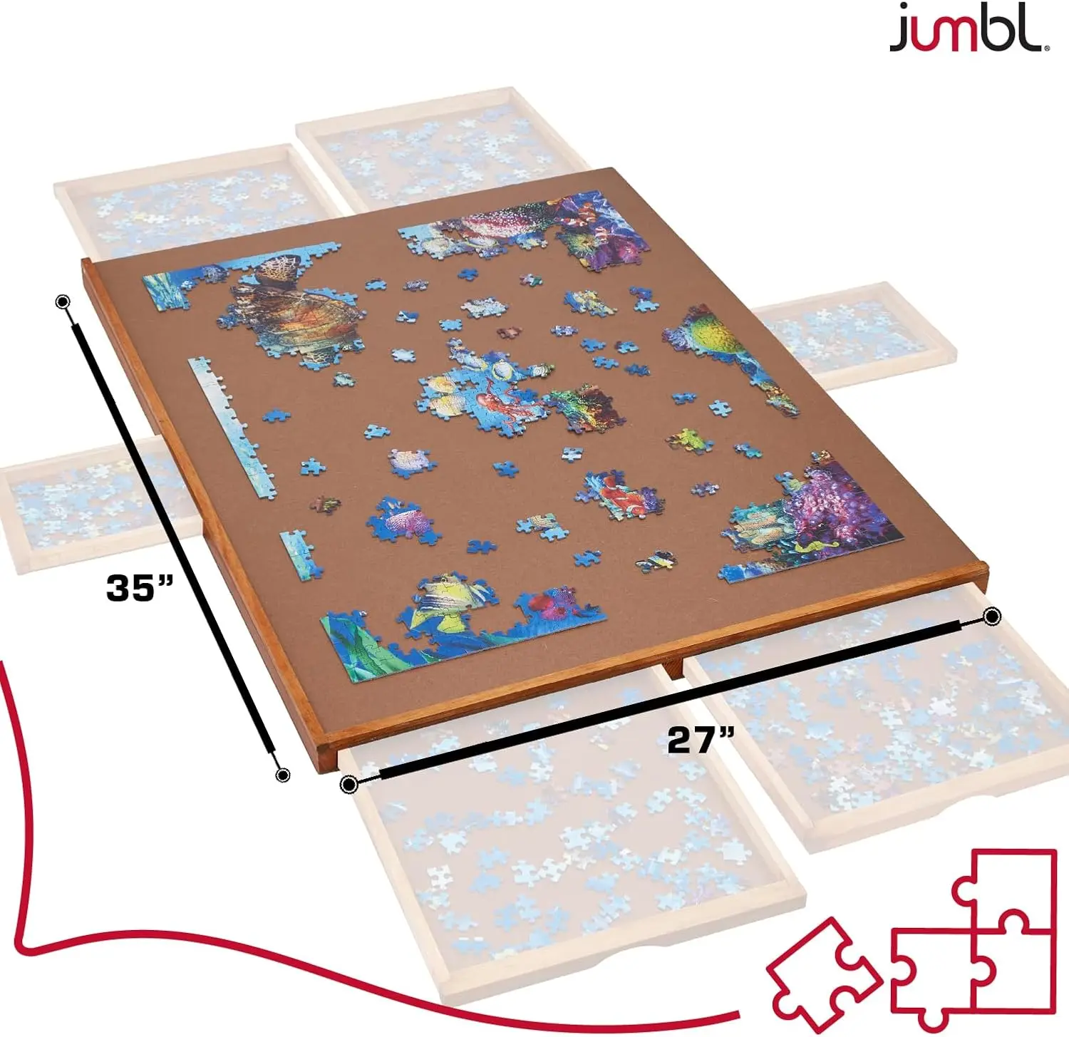 Planche de puzzle de 1500 pièces |   Table de puzzle 27" x 35" |   6 tiroirs de tri magnétiques amovibles |   Travaux en panneaux de fibres lisses