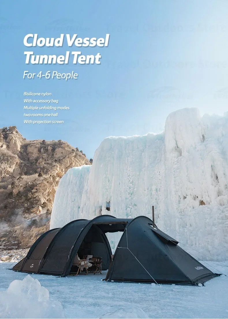 Naturehike Outdoor Tunnel Tent Four Pole Tent 4 Season Waterproof Camping Two Rooms Glamping Tents 4-6 Persons With Snow Skirt