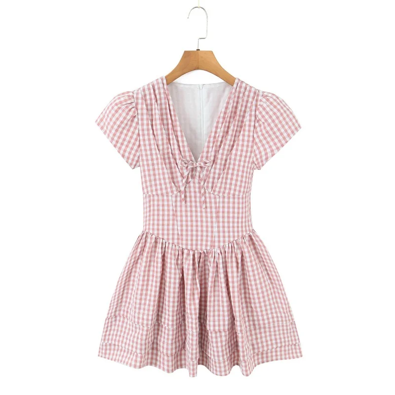 

Plaid V-Neck Bubble Sleeve Dress Waist-Cinching Knot Pleated Short Skirt Retro Sweet Girl Summer Dress Fashion
