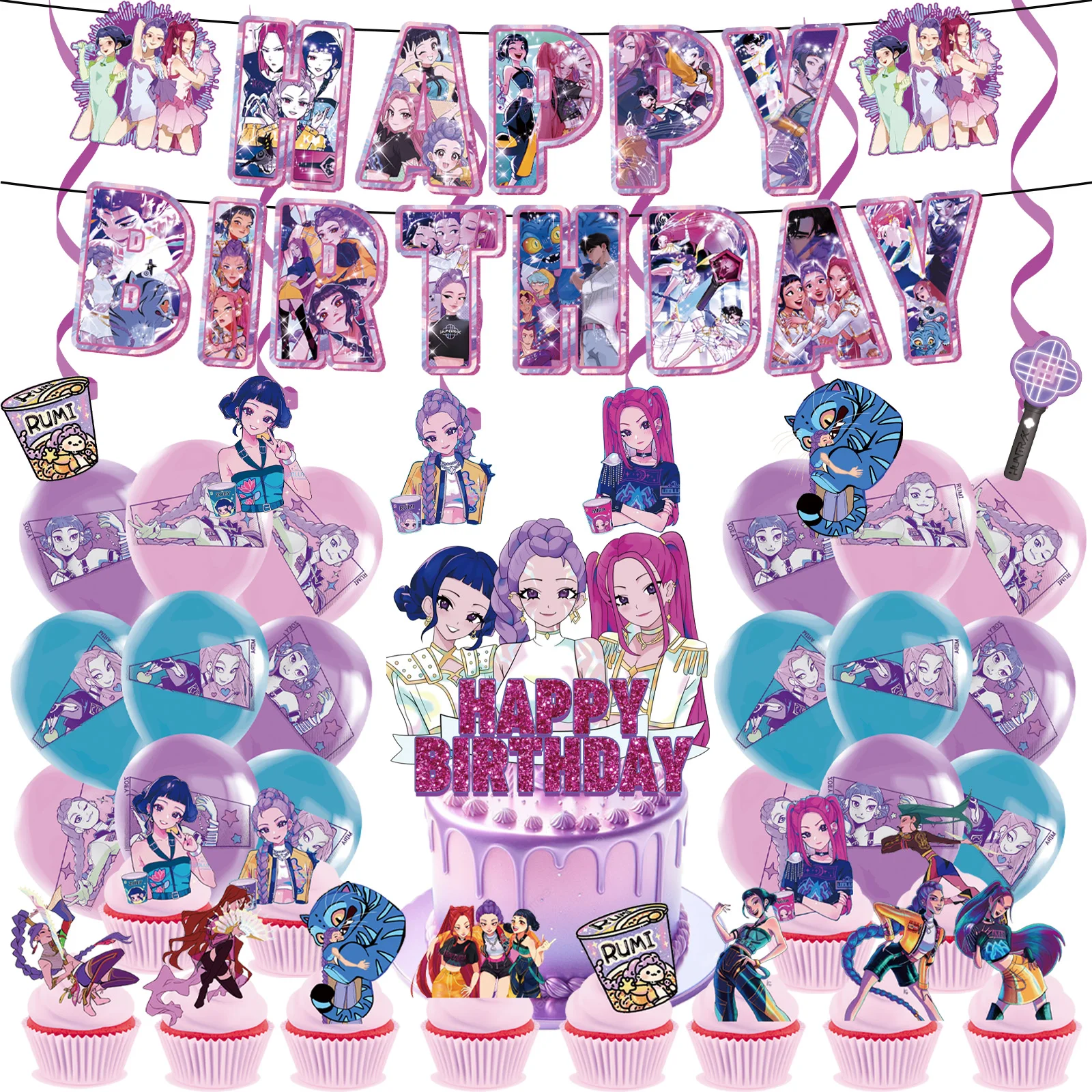 케이팝 데몬 헌터즈 손그림 테마 생일 파티 장식 케이크 토퍼 풍선 배너 배경 소녀 베이비 샤워 용품