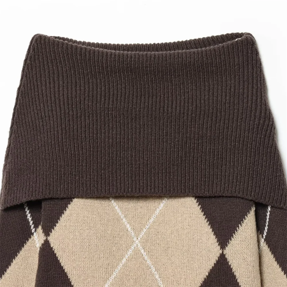 Herfst en winter dames nieuwe casual diamant één woord hals off-shoulder rechte buis geribbelde gebreide trui met lange mouwen