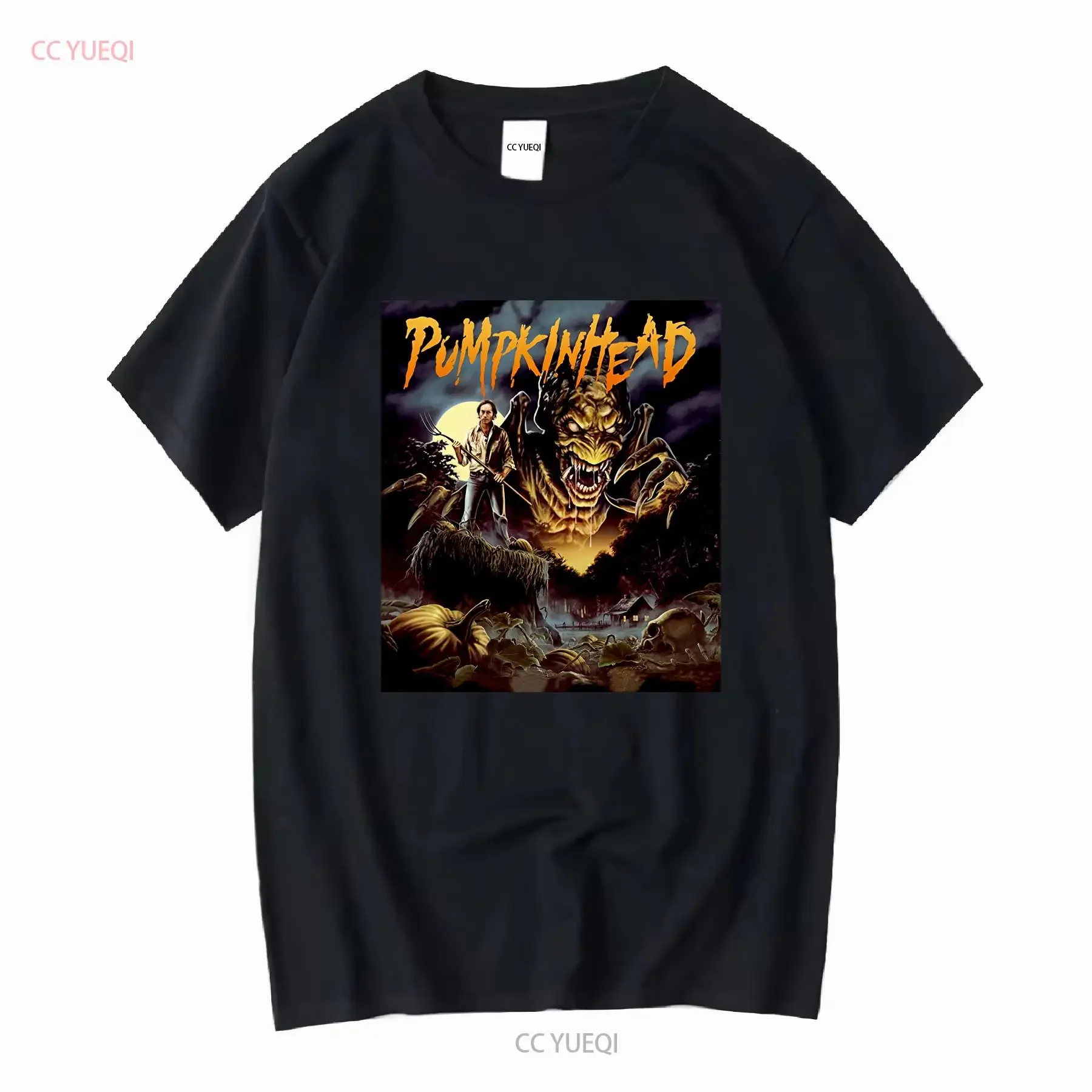 تي شيرت Pumpkinhead للرجال كلاسيكي مناسب برقبة دائرية من القطن الأسود برسوم جرافيك تي شيرت عتيق مغسول أوم ملابس شارع ناعمة