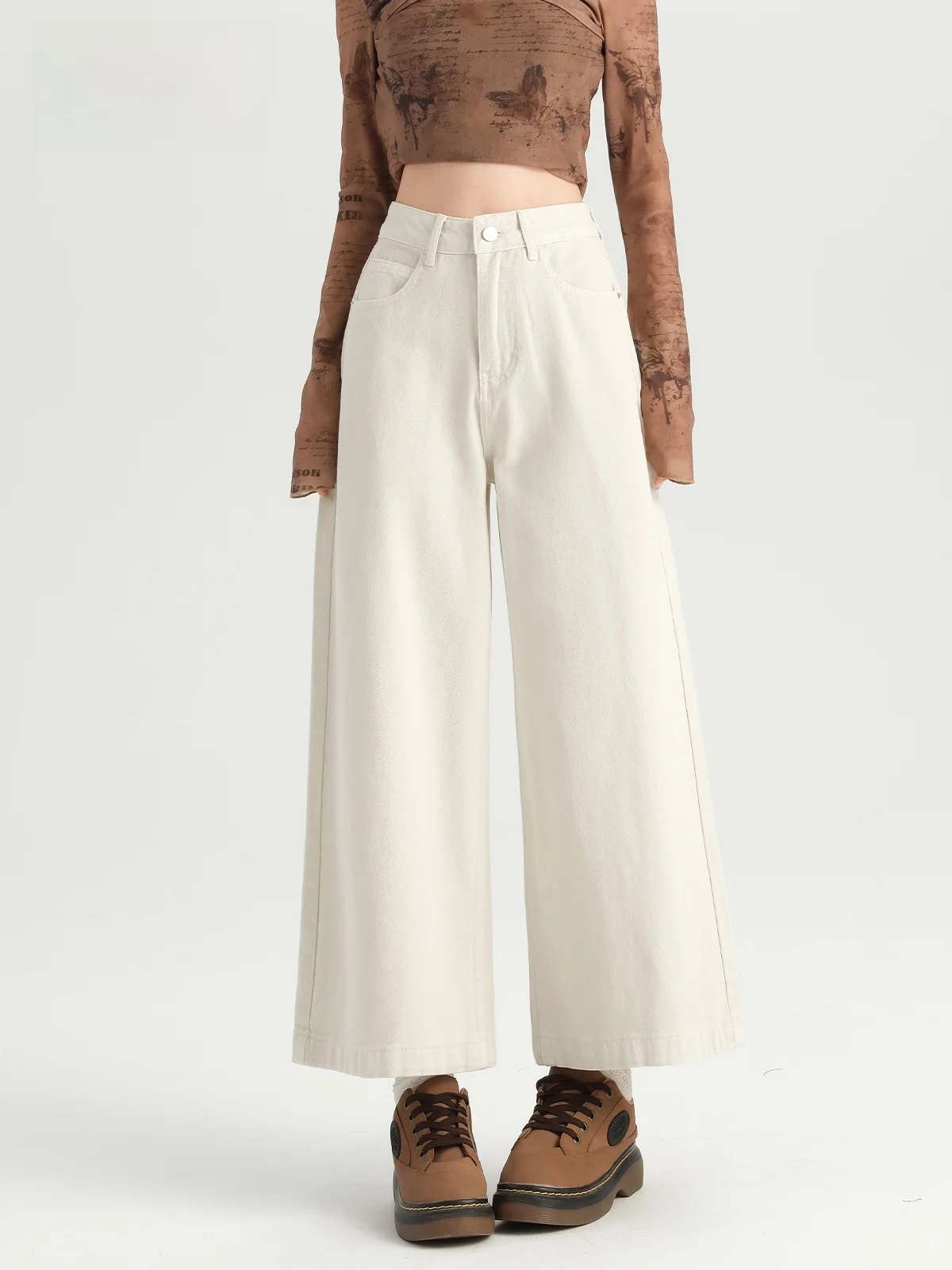 

Белые джинсовые джинсы с высокой талией и широкими штанинами, женские летние утягивающие брюки прямого кроя с высокой талией, корейские повседневные джинсы