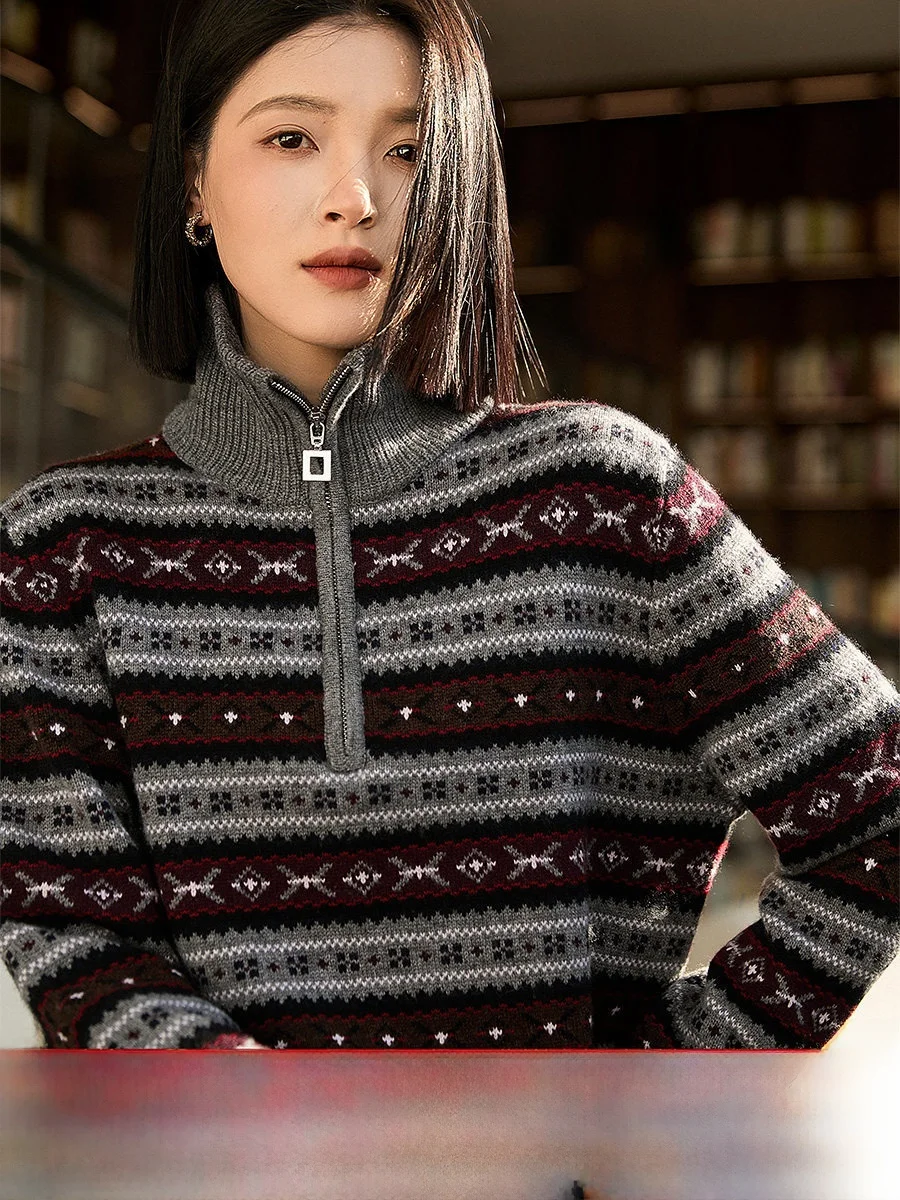 

Retro Fair Isle Nordic Secret Crt Wool Camere f Open Knitted Top Women's Soft Long Sve Geometric Patterned Warm