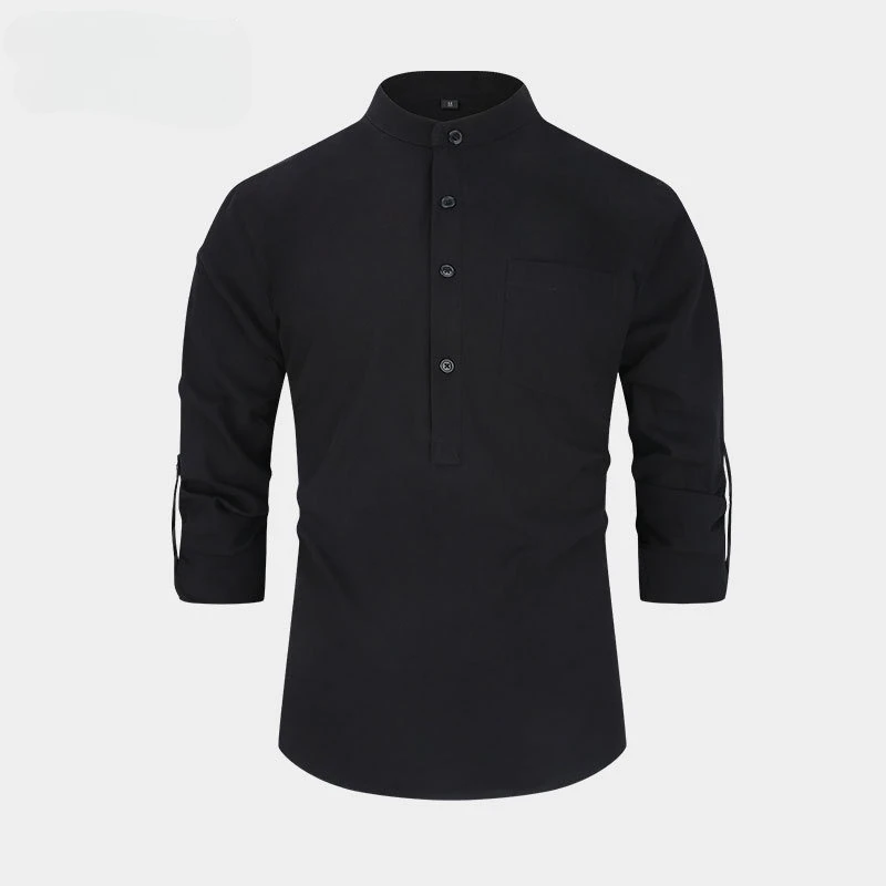 Men's Black Long-sleeve Cotton Shirt, White Single-button Stand-up Collar Shirts, Available in Red, Green, Gray, Yellow, Blue.