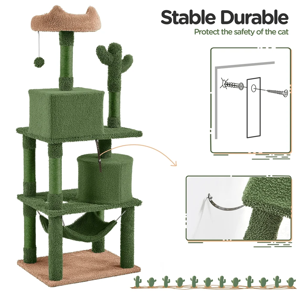 

62.5 H CactusDesigned Cat Tree Large Cat Tower With 2 Condos 1 Hammock 1 Padded Perch Dangling Toys Natural Sisal ching Po