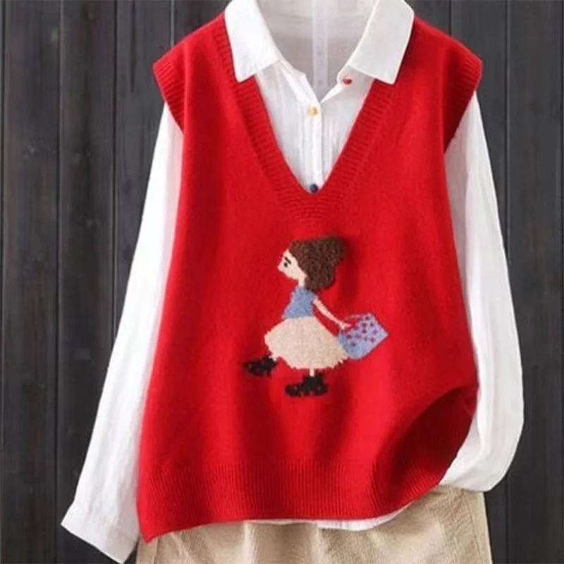 

Женский вязаный жилет с вышивкой, модный топ с V-образным вырезом, стандартной длины, однотонный, для повседневной носки, для женщин 8-24 лет