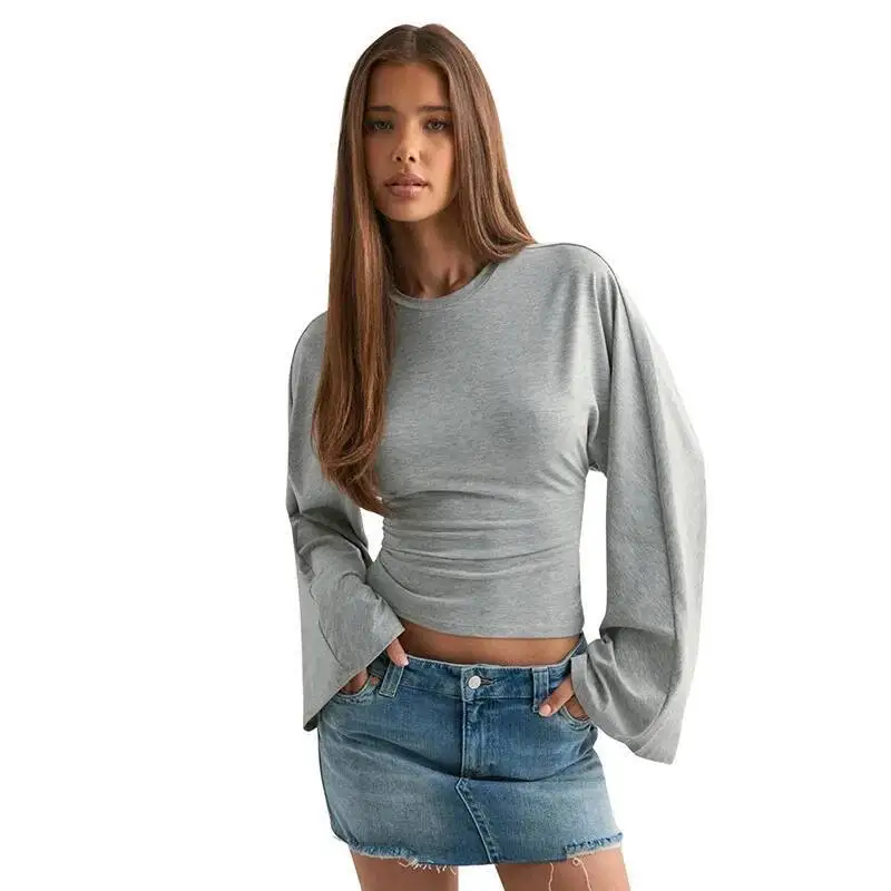 Women T-shirt 2026 Spring New Women's Solid Color Long Sleeve Top Round Neck Regular Shoulder Wide Sleeve Slim Waist Sexy Blouse