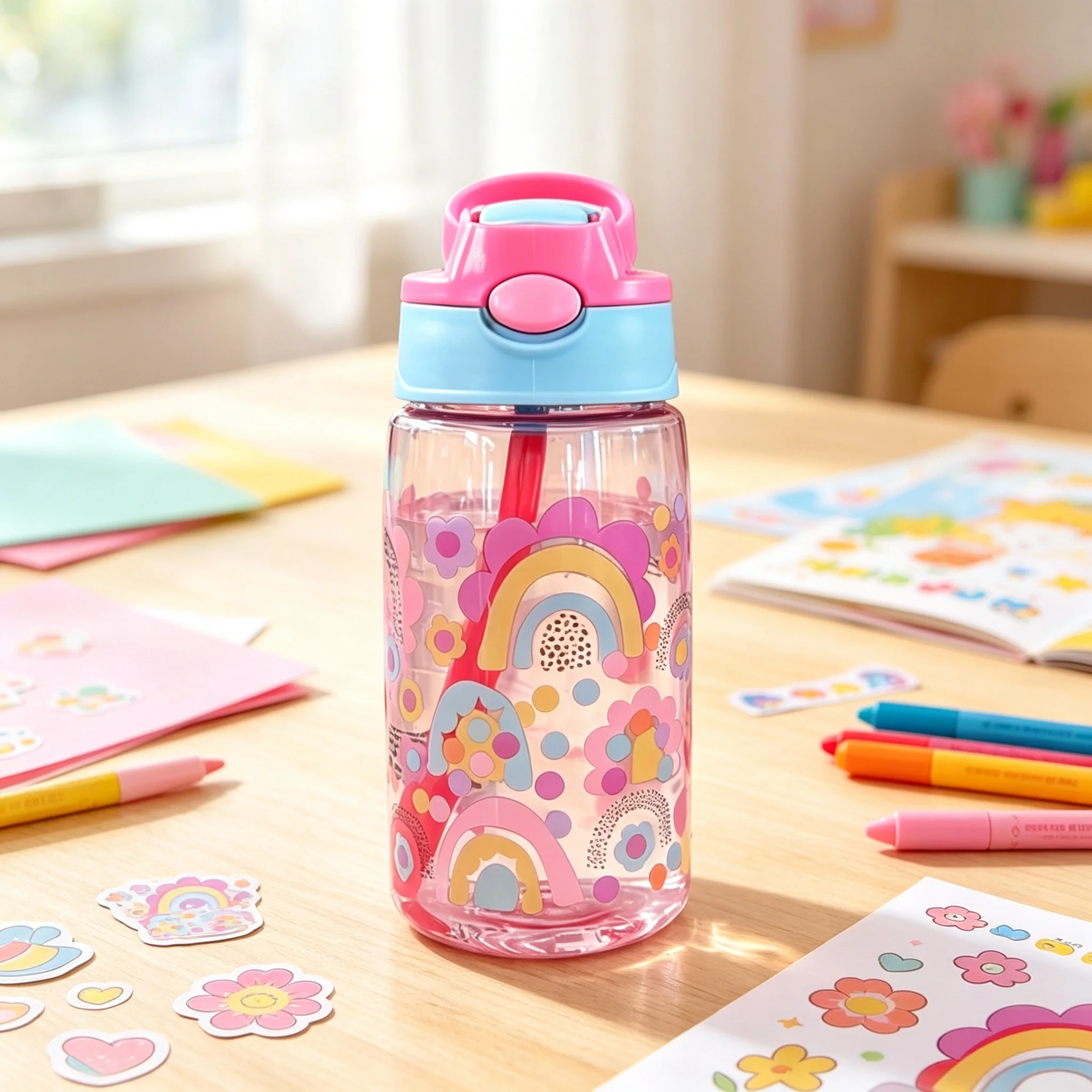 Kids Water Sippy Cup Kids 480ml Water Bottle with Straw and Handle Portable Drinking Bottle Cup Children