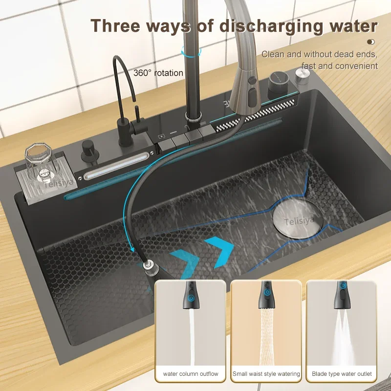 Lavello da cucina in acciaio inox doppia cascata Display digitale integrato rubinetto Set lavabo in rilievo per cucina