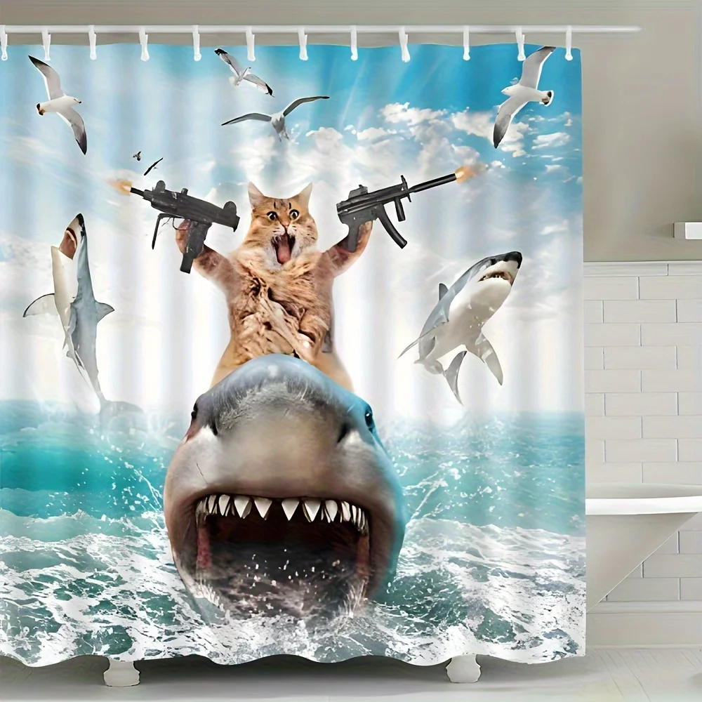 Funny Shark and Armed Cat Shower Curtain Tropical Ocean Animal Bathroom Decor Novelty Shower Curtain