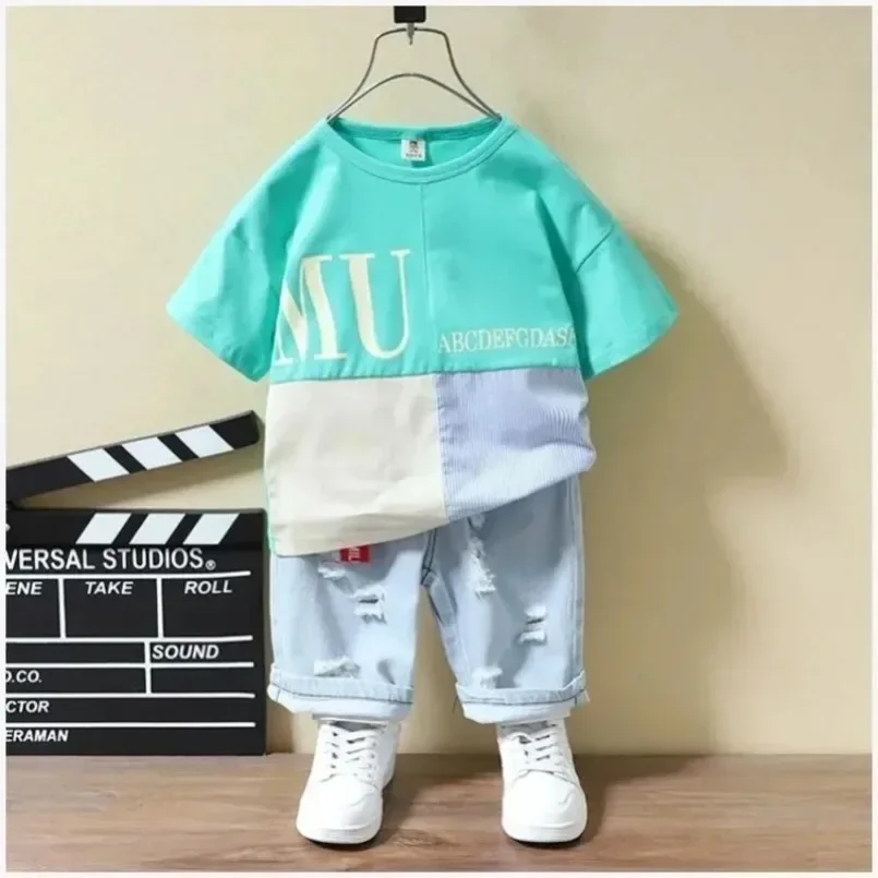 Children's clothing  Baby Boys Short Sleeved  Summer Short Pant Kids Top t-Shirt + Denim 2-Piece Outfits Clothing For 2-7 Years