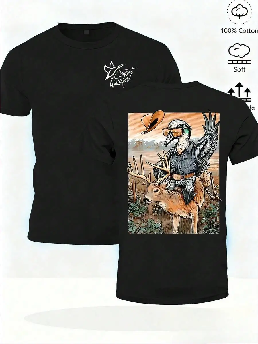 Duck Riding Deer Cowboy Hat Sunglasses Forest Animal Cartoon Print Men's And Women's Soft Fabric Round Neck Short Sleeved T-Shirt, Casual Top