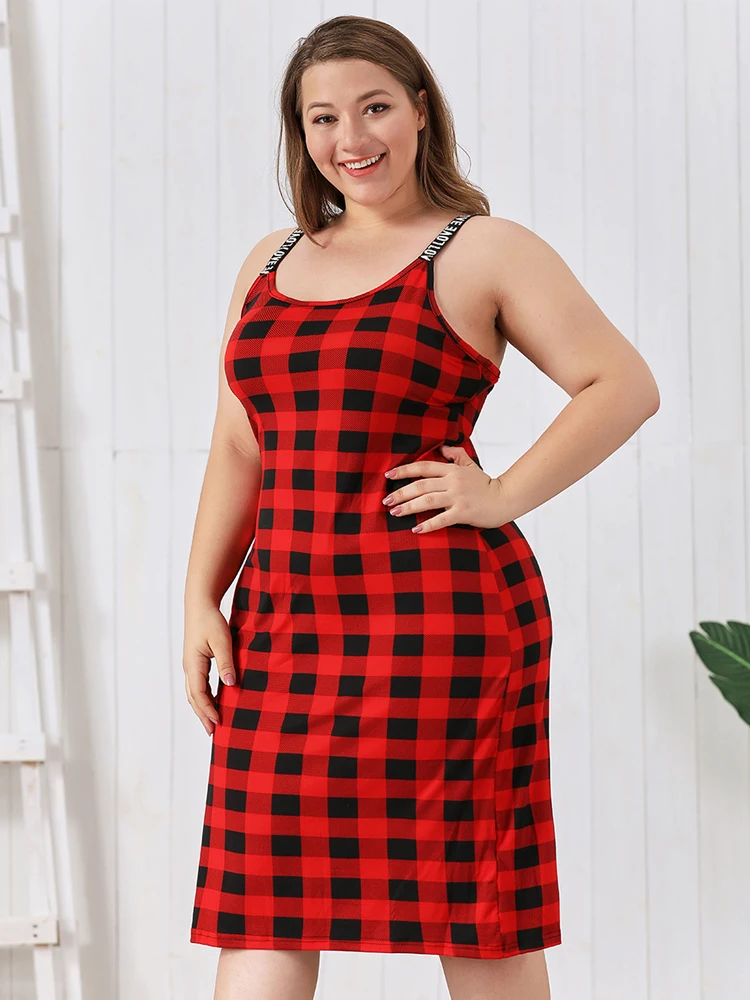 Plus Size Woman\'s Sexy Sleepwear Lady Pajamas Sling Sleepdress Homewear Dress Nightie Femme Red Plaid Print Night Dress 1XL-4XL