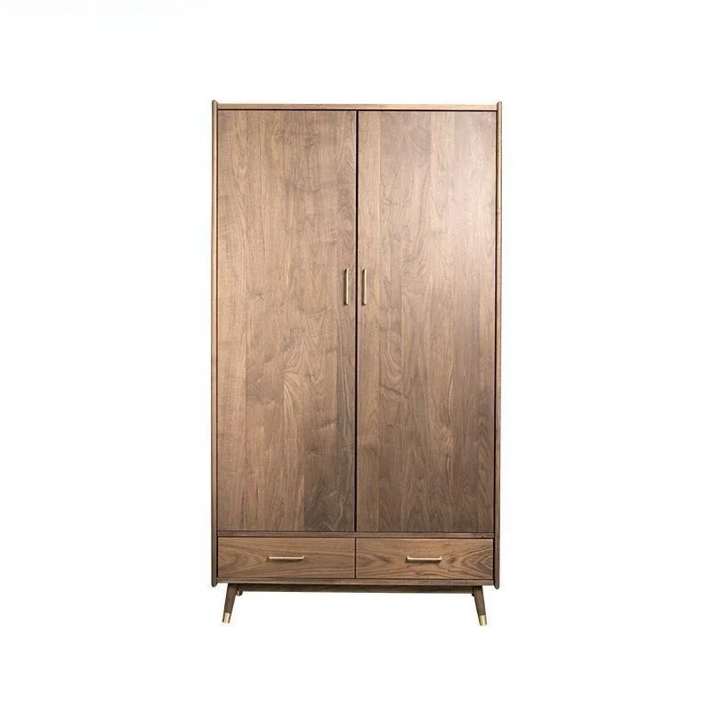 

black walnut double-door wardrobe, Nordic light luxury cherry wood small apartment wardrobe