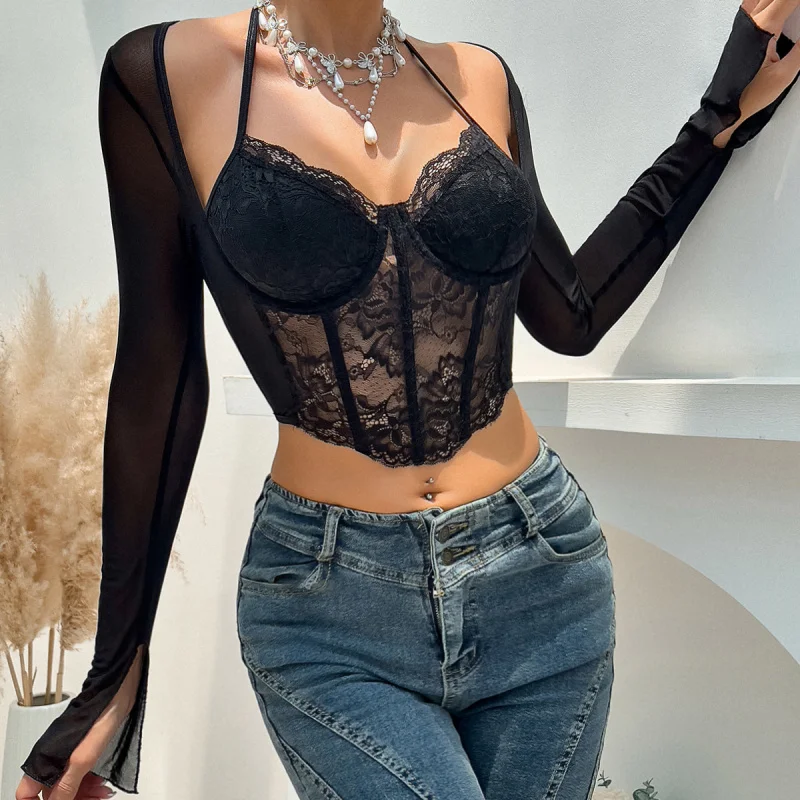 

Cross-Border New Product Best-Selling Lace Fabric Steel Ring Fishbone Slim Lace Temperament Wild Outer Wear Women's Top 70237