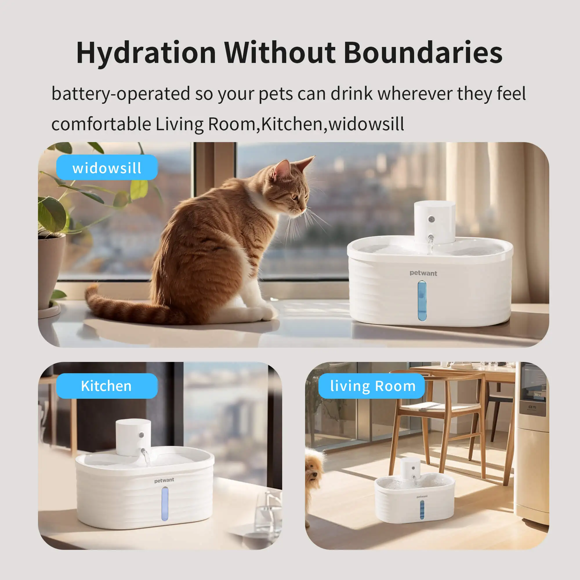 Cat Water Fountain 2.5L Wireless Rechargeable Battery Operated Infrared Sensor 3 Flow Modes BPA-Free Quiet Pump Pet Water Dispen