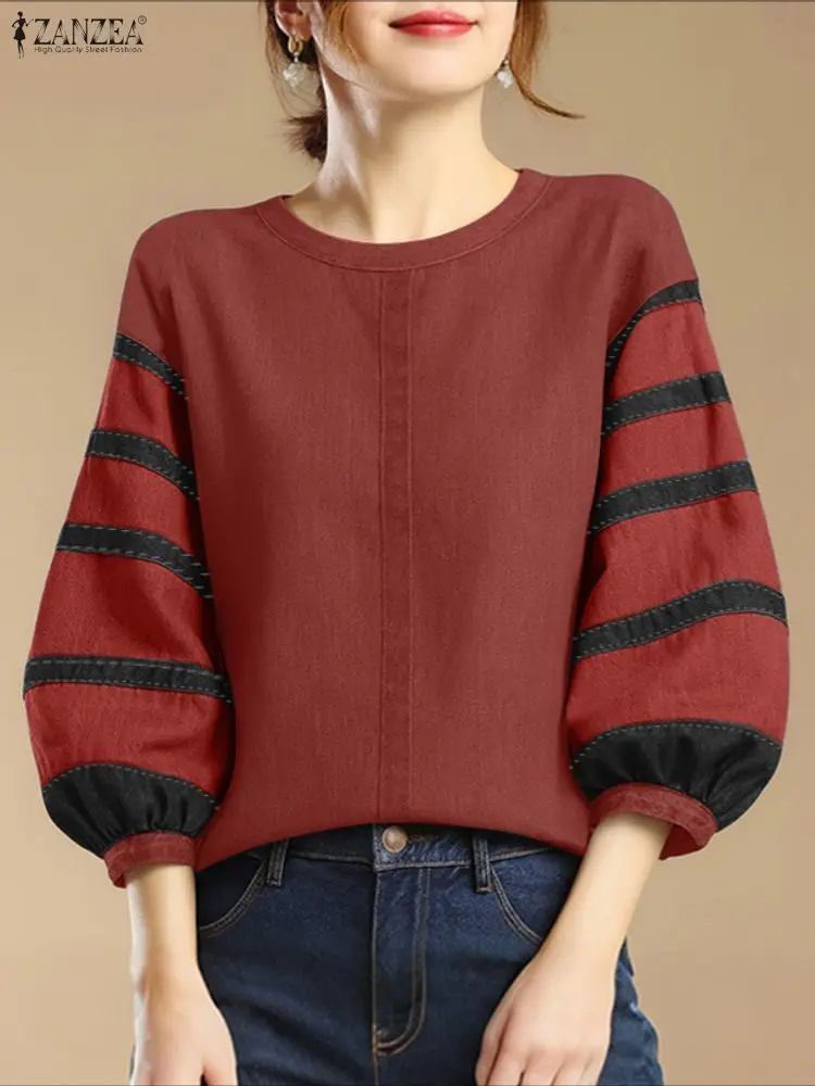 ZANZEA Autumn Blouse Women Stylish Contrast Color Blouses Elegant 3/4 Lantern Sleeve Work Shirt Casual O Neck Blusas Tunic Femme