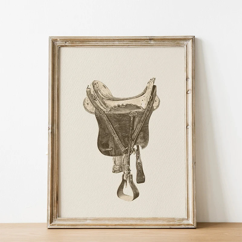 Western Cowboy Saddle Kettle Sketch Vintage Posters and Prints Canvas Printing Wall Art Picture for Living Room Home Decor Gifts