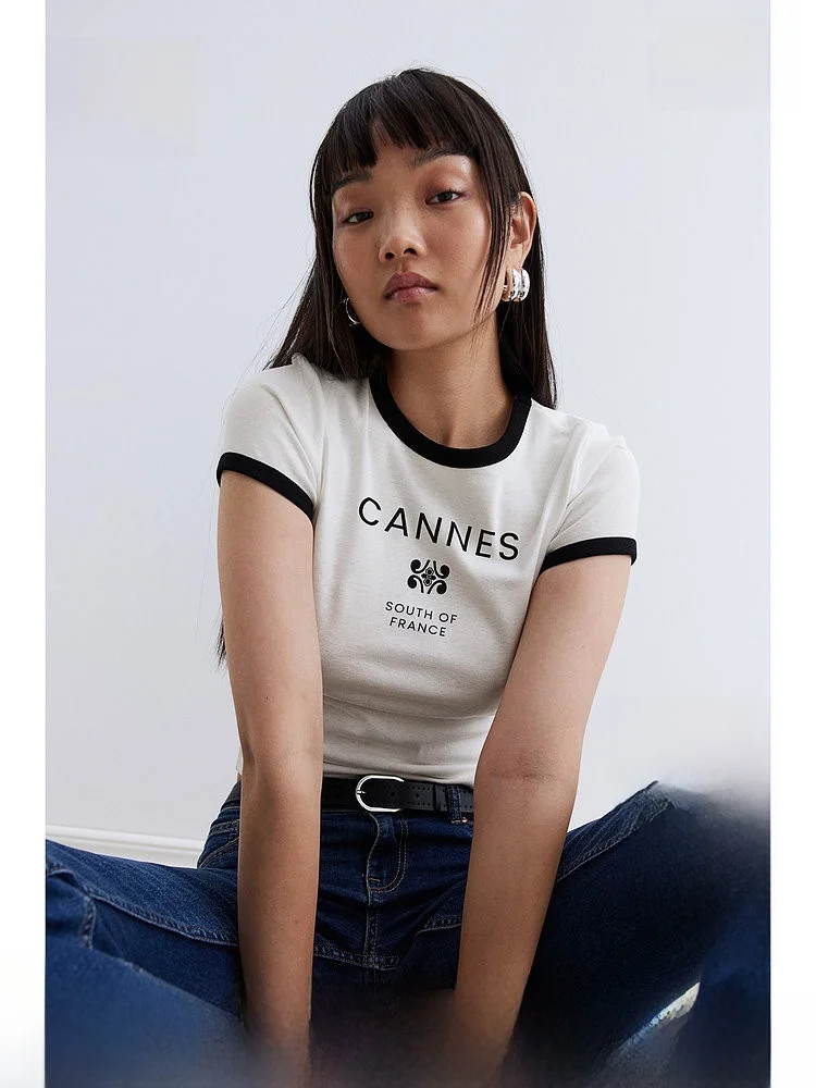 

Женская футболка H&M с заниженной линией плеча, круглым вырезом, облегающая, модная, весенняя, 100% хлопок, стандартная длина