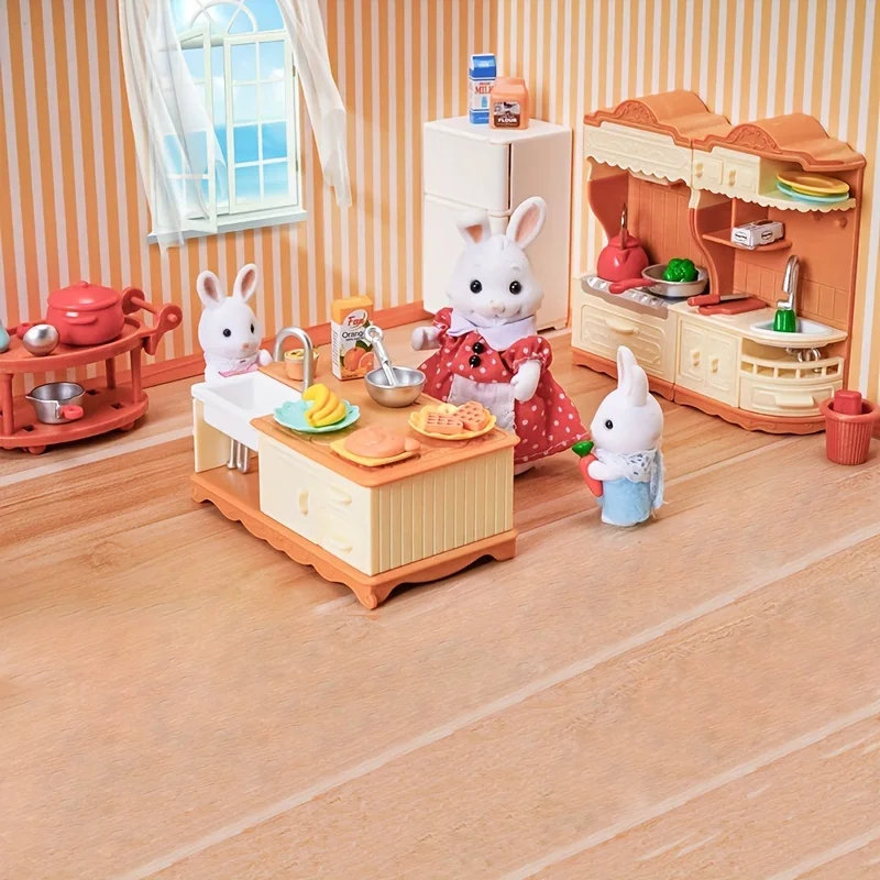 Floresta animal família casa de bonecas móveis mini geladeira brinquedos simulação comida brinquedos das crianças casa de bonecas em miniatura cozinha jogar