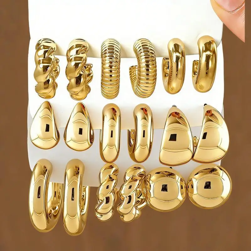 Juego de 3/9 Pares de Aros Gruesos en Tono Dorado - Material CCB, Aros Tipo Huggie y Pendientes Trenzados de Varios Estilos, Joyería de Moda para Mujer