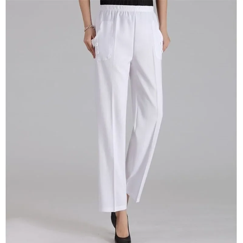 กางเกงขายาวผู้หญิงเอวสูงผ้ายืดบาง รุ่น W2231 กางเกงผู้หญิงวัยกลางคน ฤดูใบไม้ผลิ ฤดูร้อน ทรงหลวม กางเกงผ้าฝ้ายลินินทรงตรงสำหรับคุณแม่