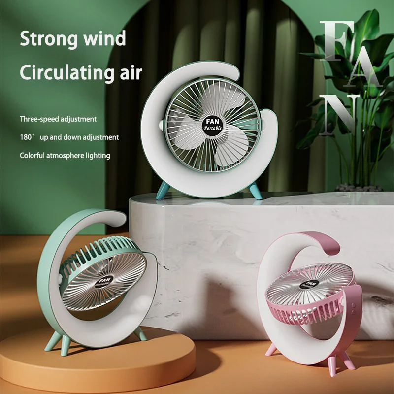 3 Speeds Mini Fan Air Cooling Portable USB Rechargeable Fan LED 7 Colors Electric Fan 180° Adjustable Summer Camping Home Fan