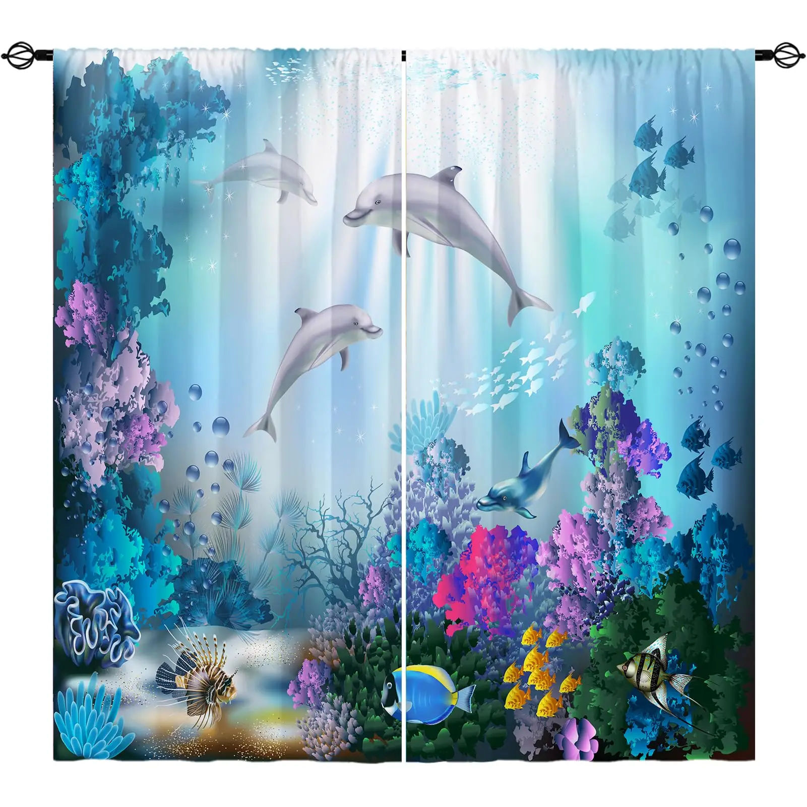 Dolphin Curtains Ocean Theme Window Curtain Underwater Tropical Fish Sea Animal Print Window Drapes for Boys Girls Playroom