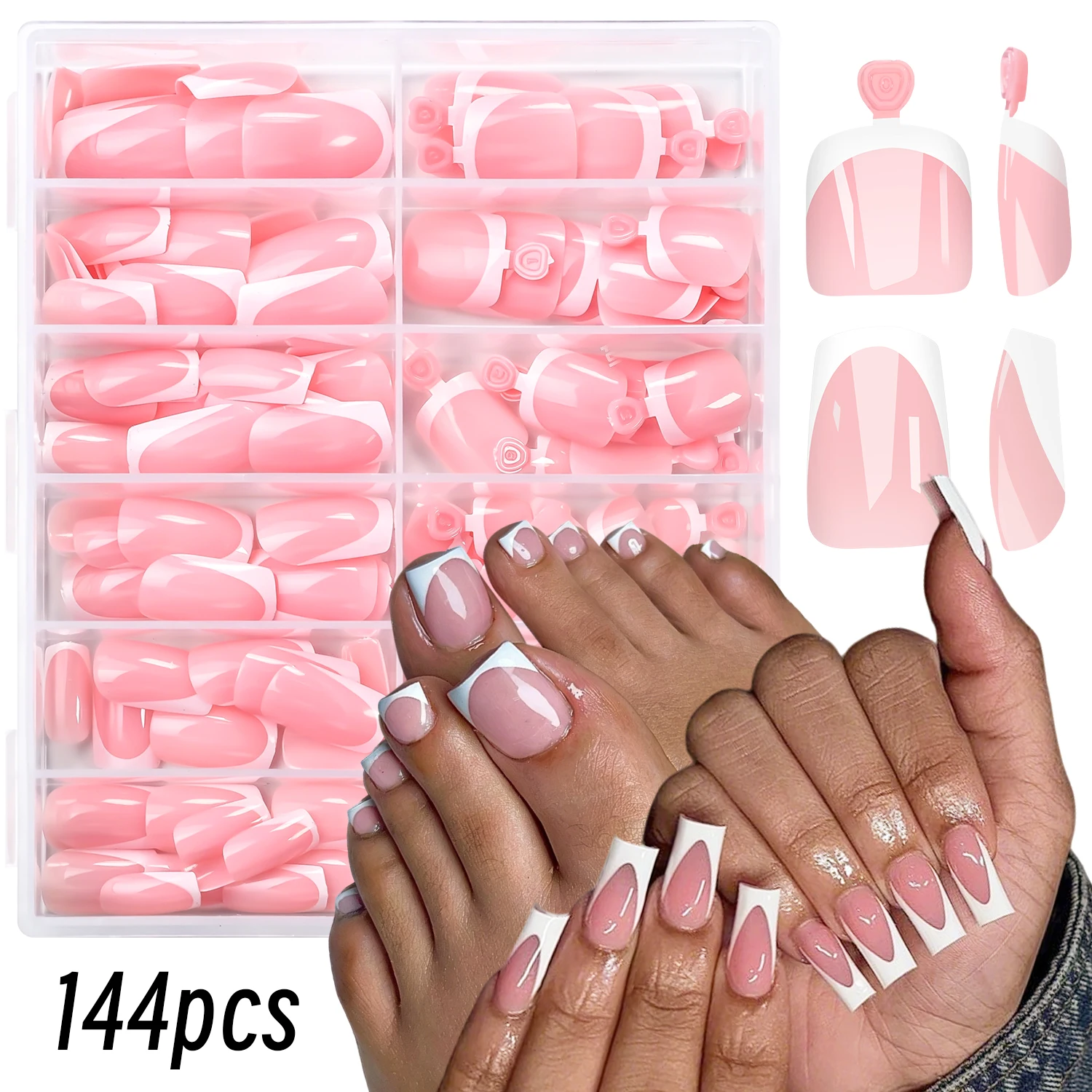 144Pcs Square French White Press On Nails Set 12Sizes Full-cover False Toenails & Long Square Fingernails French Fake Nails Tips