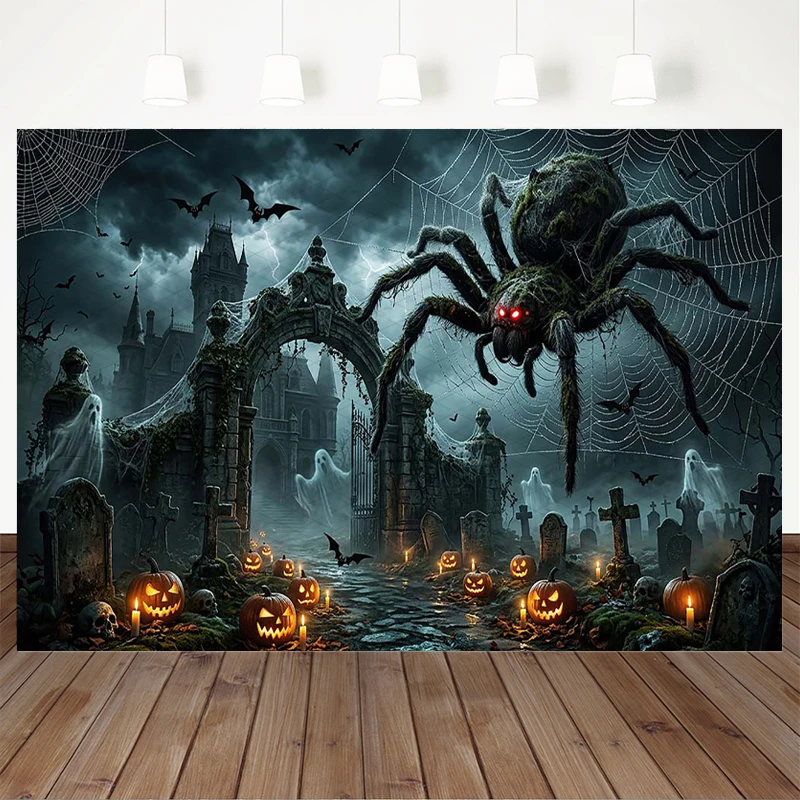 Mocsicka Spooky Halloween Giant Spider Photography Backdrop Haunted Cemetery Tapestry Hanging Jack-O-Lantern Background Banner
