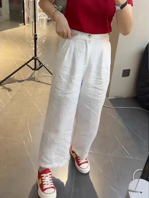 

Белые хлопковые льняные брюки с широкими штанинами для женщин, летние, тонкие, свободные, больших размеров, с высокой талией, скрывающие бедра, прямые, повседневные, льняные, укороченные.
