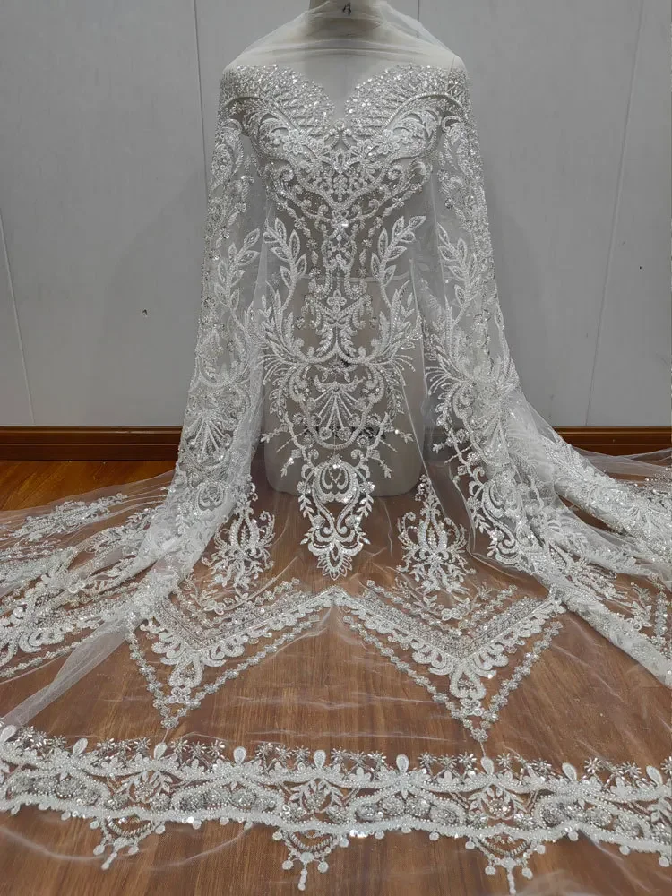 

High quality heavy industry luxury nail embroidery silver bead sequined lace mesh wedding dress lace clothing accessories