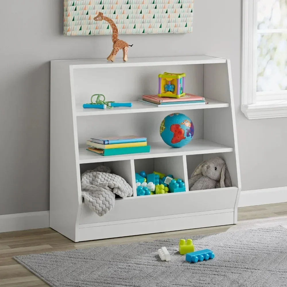 Kids Bin Storage and Two Shelf Bookcase, White Book Case for Playroom Bedroom