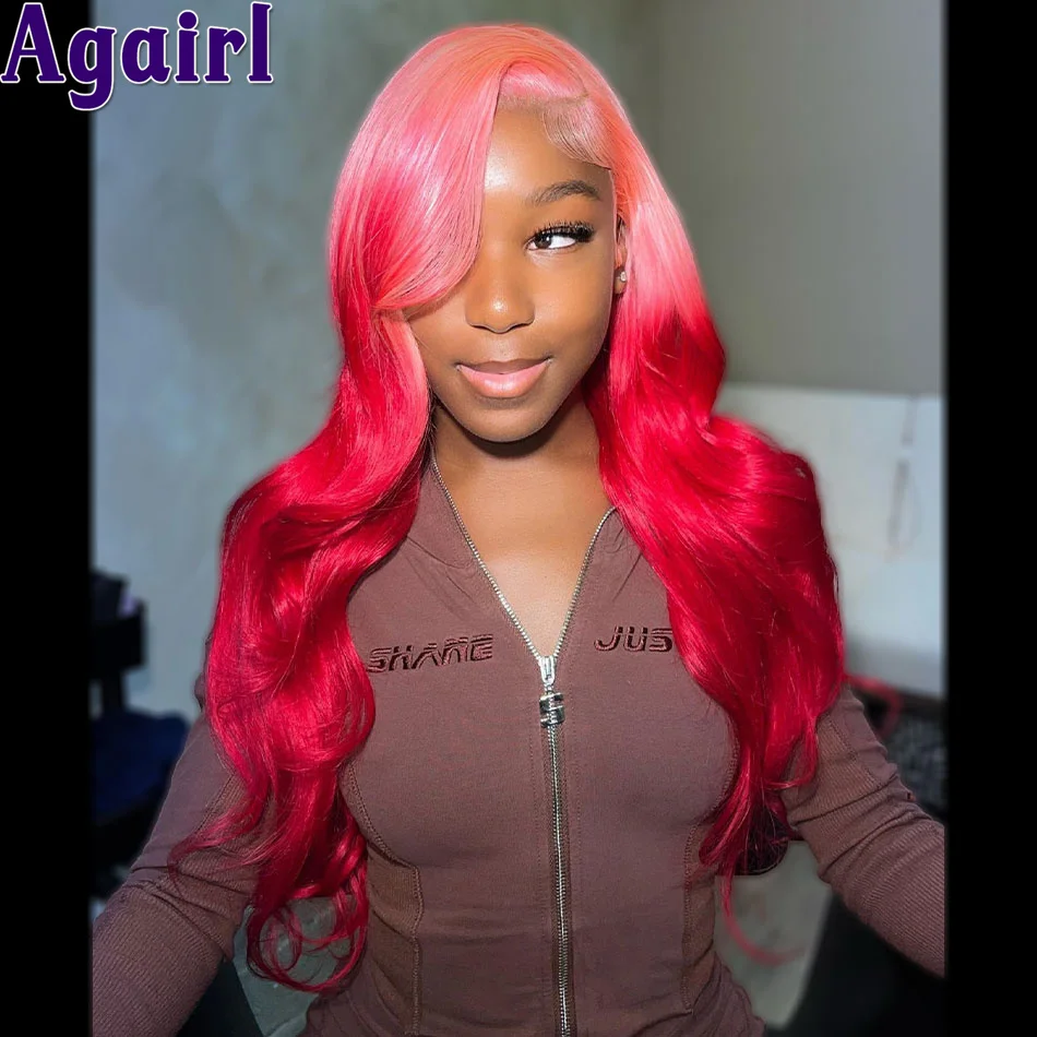 Ombre merah muda merah 13X6 renda tubuh depan Wig gelombang 100% rambut manusia transparan 13x4 Wig renda Frontal kepadatan 200 prepked untuk wanita