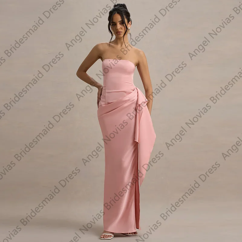 

Long Pink Strapless Bridesmaid Dresses with Split Women Wedding Party Dress Maid Of Honor Dress Customized