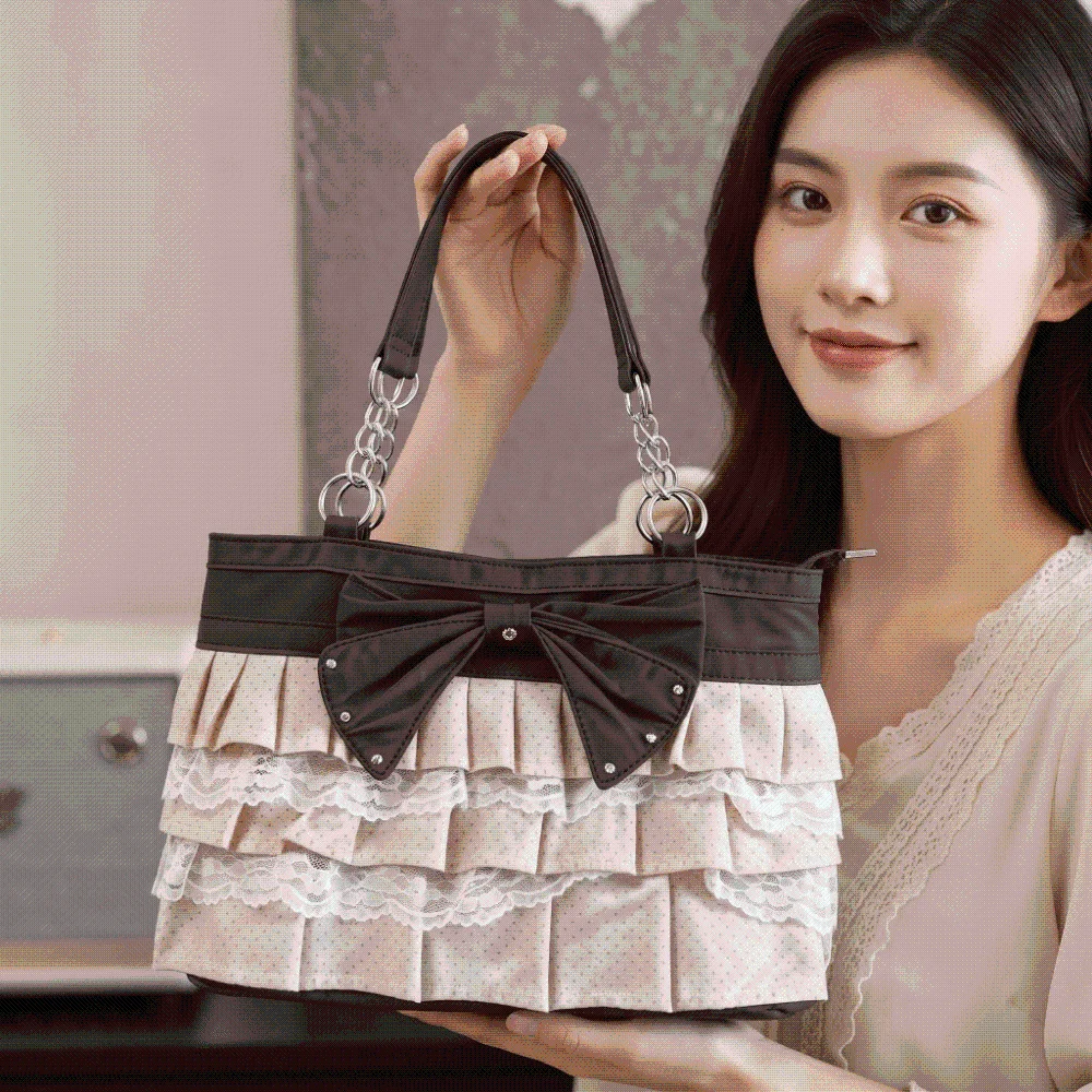 Multi-layer Lace Tote Bag Lace Embellished Sweet Bowknot Handbag Contrast Color Large Capacity Ruffle Canvas Purse Casual Travel