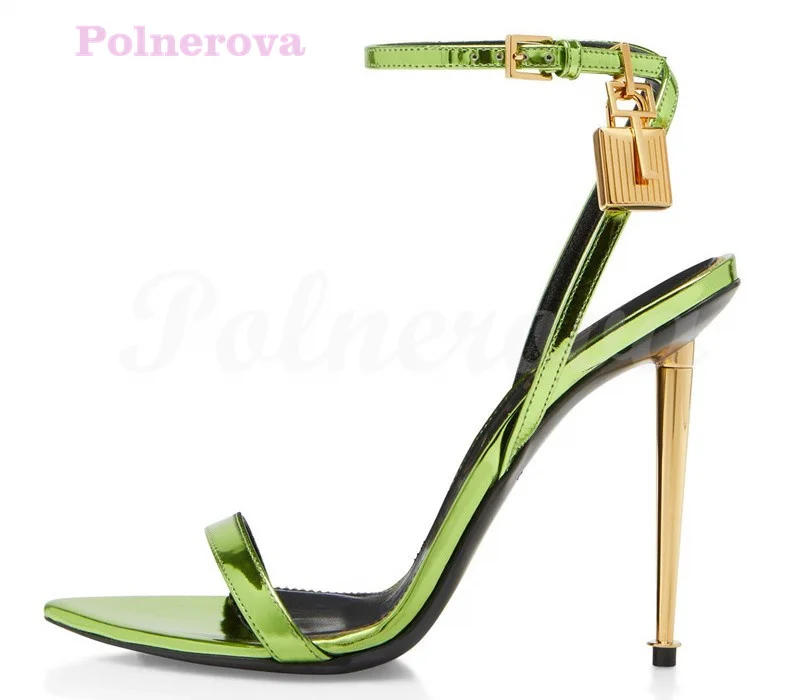 Pure Color Mirror Padlock One-Word Buckle High-Heeled Sandals Fashion Catwalk Sexy Sandals Electroplating Iron Heel High-Heels