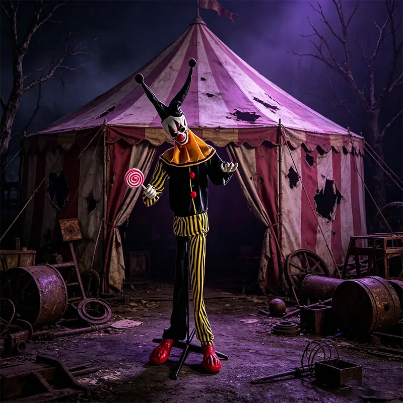2.5m Plastic Halloween Animatronic Giant Creepy Clown Light-up Eyes Talking Sounds Swaying Body Life Size Moving Decoration