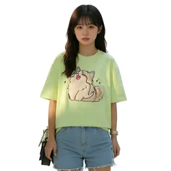 Summer Women Cute Furry Cat Embroidered Short Sleeved T-shirt Women Kawaii Flocking Tshirt Young Girls Lover Matching Tee Top