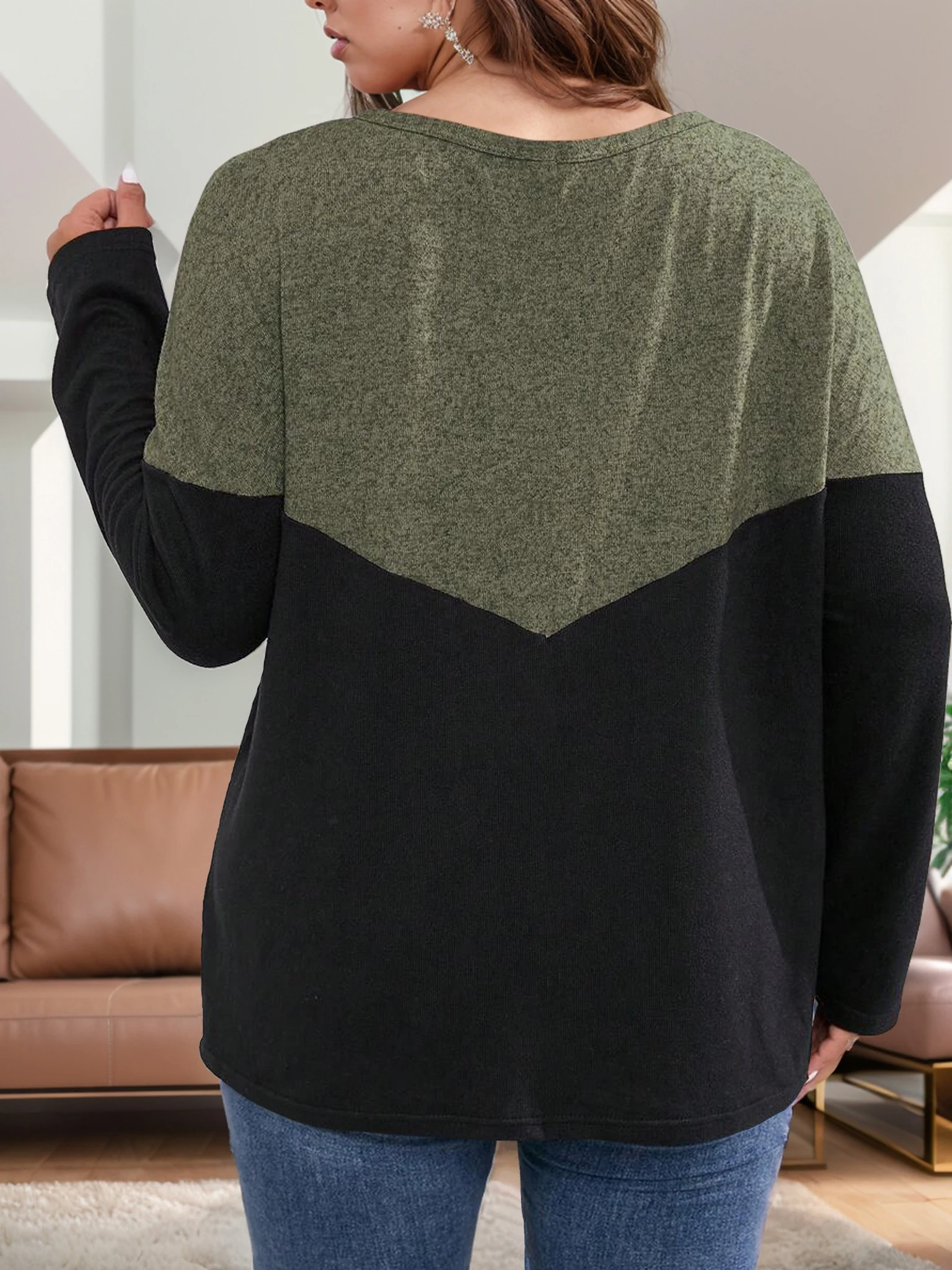 Orientierung plus Größe Damen Langarm farb blockiertes Rundhals-Top – Detail 3