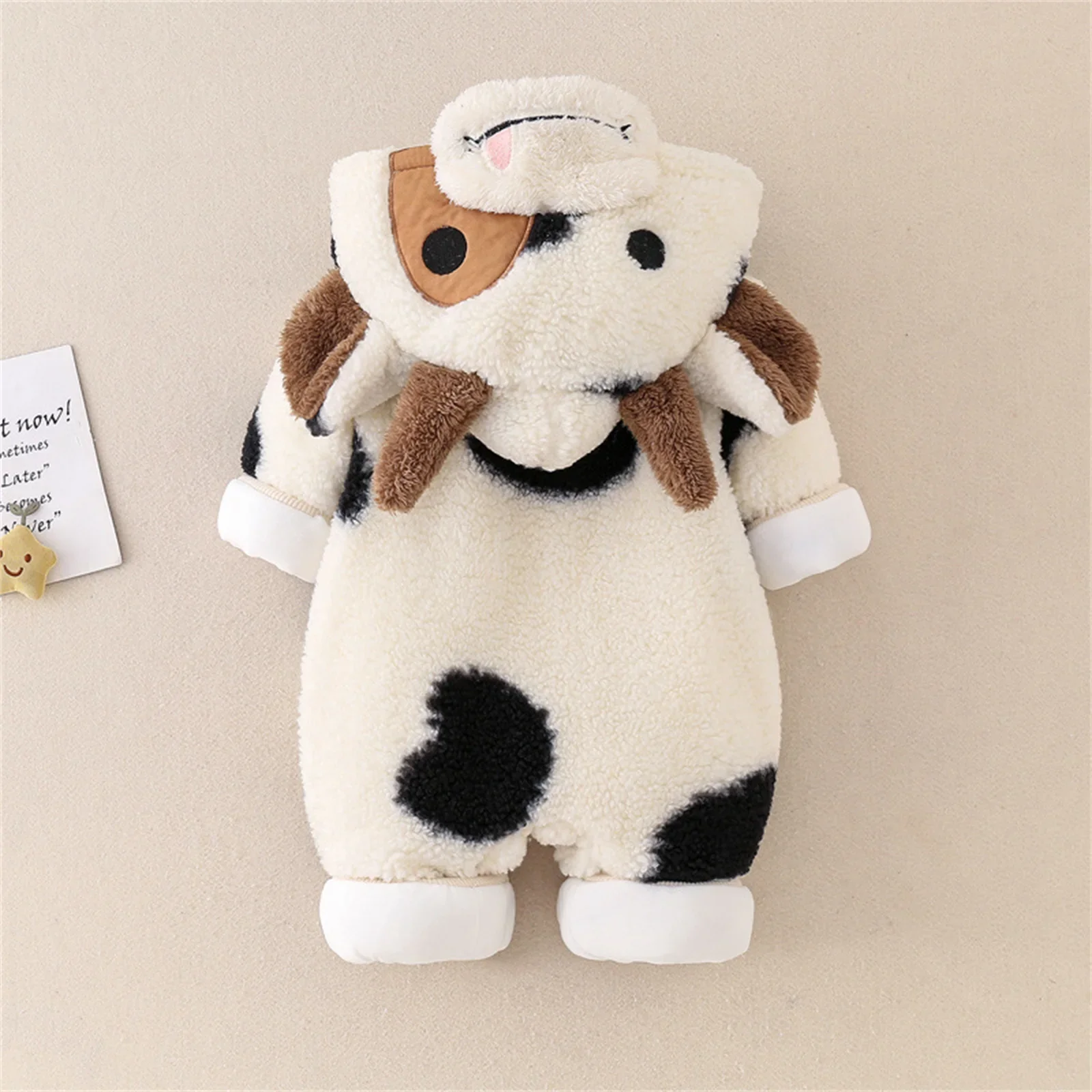 Cute Winter Baby Girls Boys Hooded Romper Plush Cow Print Zipper Jumpsuit Toddler Long Sleeve Cartoon Playsuits Party Costume