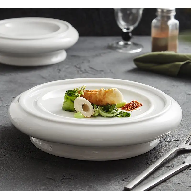 Pure White High Legged Ceramic Dining Plate Dessert Sushi Salmon Restaurant Molecular Cooking Tableware