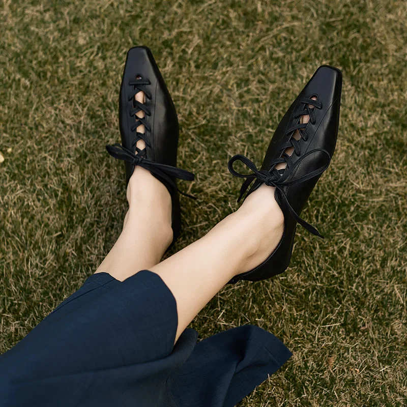 2025 Hot Sale Fashion Low Heel Lace Up Genuine Leather Pumps Women Daily Walk Flats Young Girls Casual Spring Autumn Black Shoes
