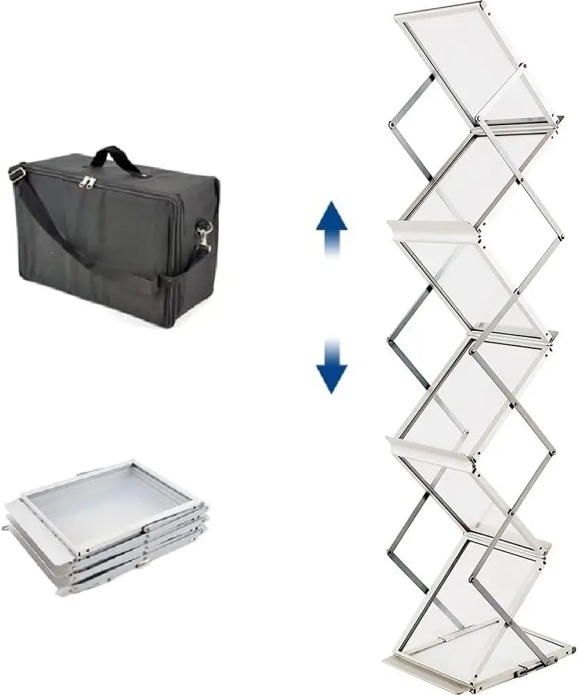 

Pop Up Aluminum Magazine Rack, 6 Pockets Foldable Display Stand with Bag for Office Store Exhibition