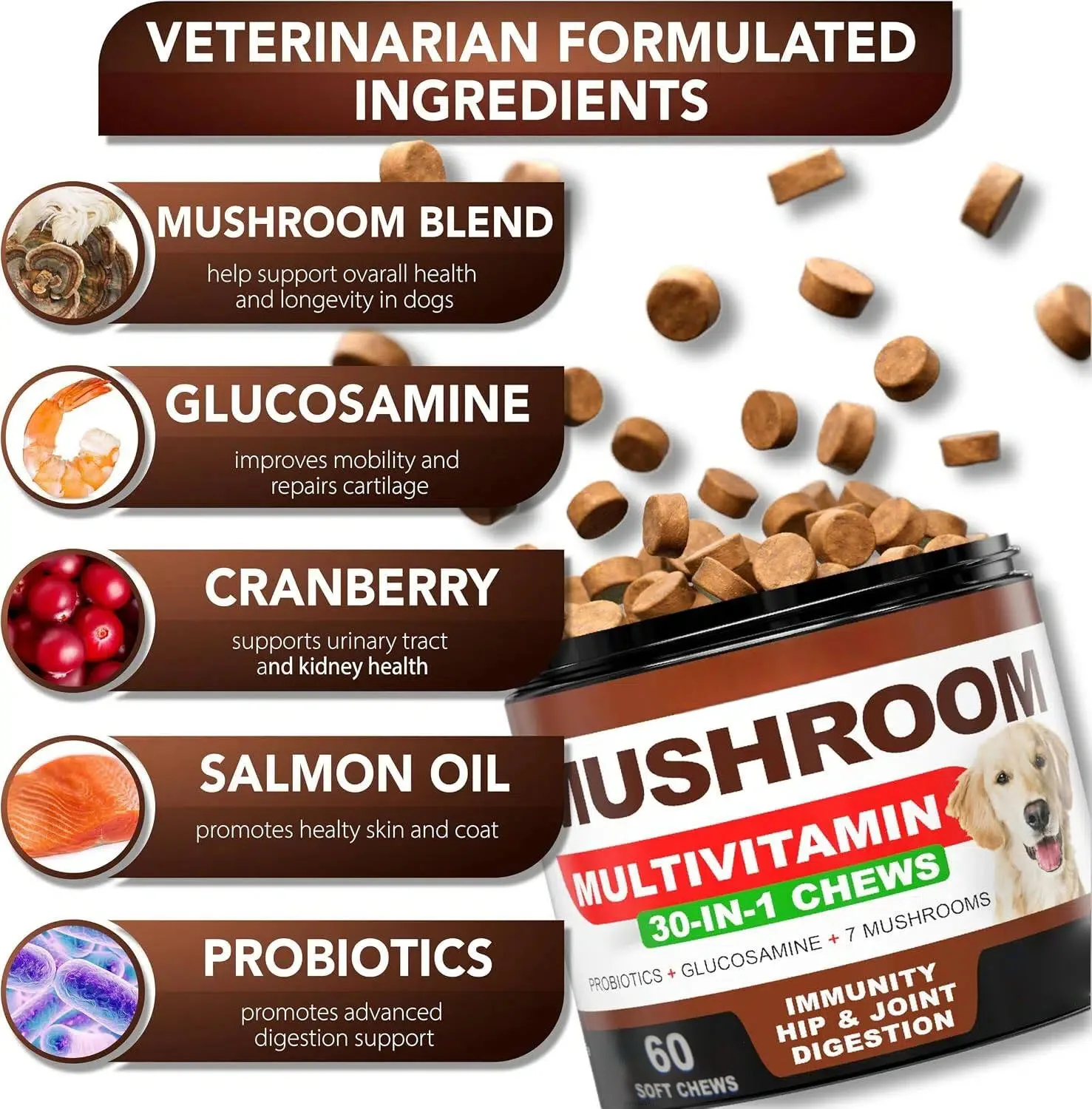 Turkey Tail Mushroom Supplement for Dogs - Lion's Mane, Reishi, Immunity Multivitamin for Joint Health, Energy, Gut Skin & Coat