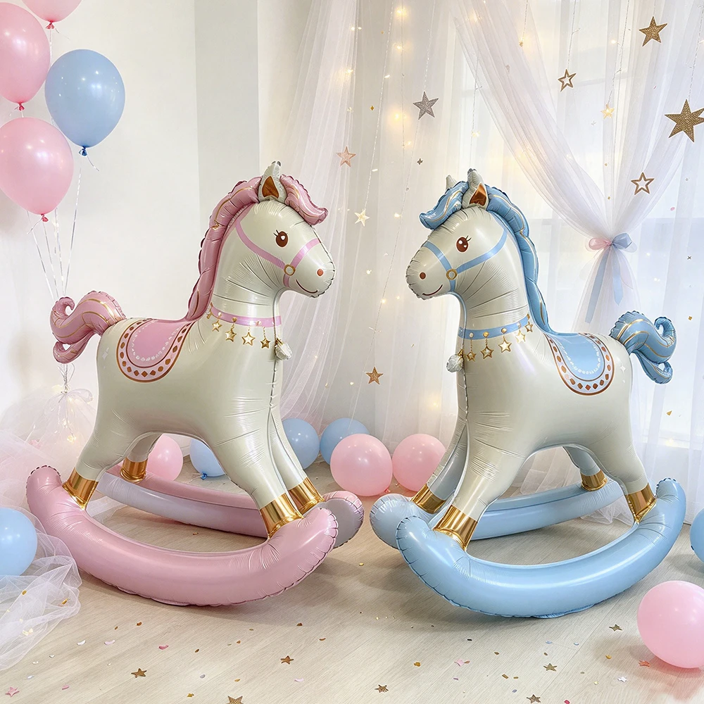 Pink Blue Cartoon Horse Balloon 3D Standing Rocking Horse Foil Balloon Baby 1st Birthday Baby Shower Party Cartoon Balloons - view 2