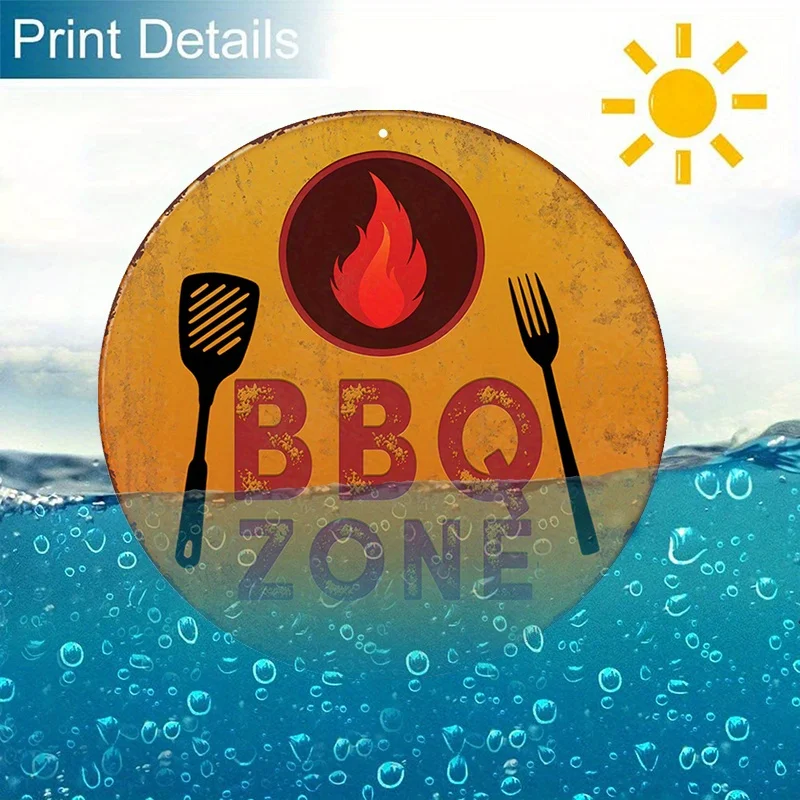 Retro BBQ Metal Tin Sign 7.87in Round Grill Wall Art Flame Logo BBQ Letters Weatherproof Indoor Outdoor Decor for Home Man Cave