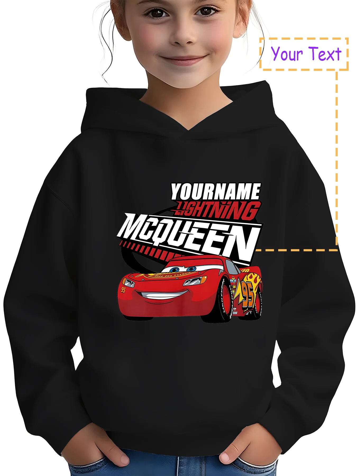 

MINISO Lightning McQueen custom hoodie—customizable with your name for a truly exclusive look. Whether it's for school or a day