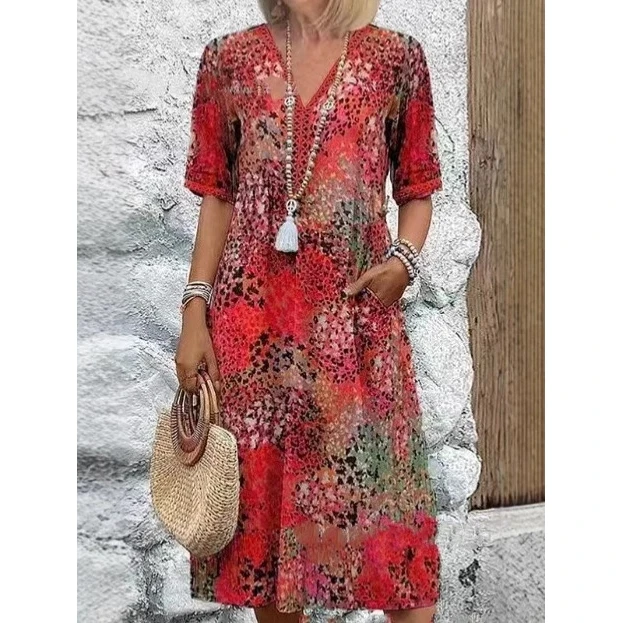 Fashionable 2026 Short Sleeve V-Neck Printed Trimmed Dress Cross-Border New Style Loose Waist Design  Linen Material